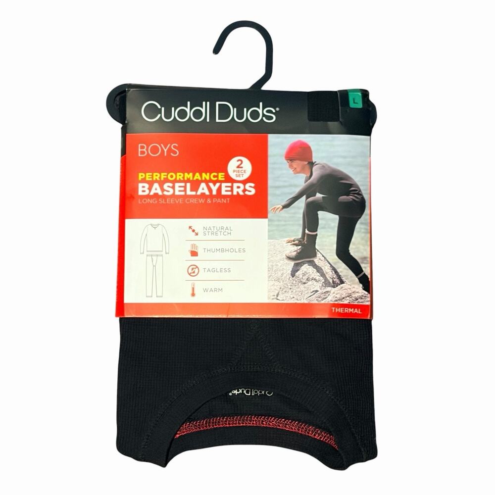 Cuddl Duds Boys L 12-14 Performance 2-Piece Baselayers Crew Top and Pants Black